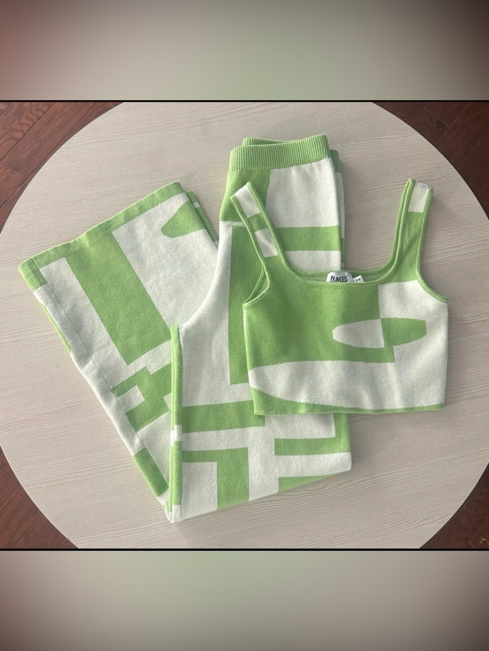 Princess Polly wGreen & White Geometric Knit pants set with top - Tank Top